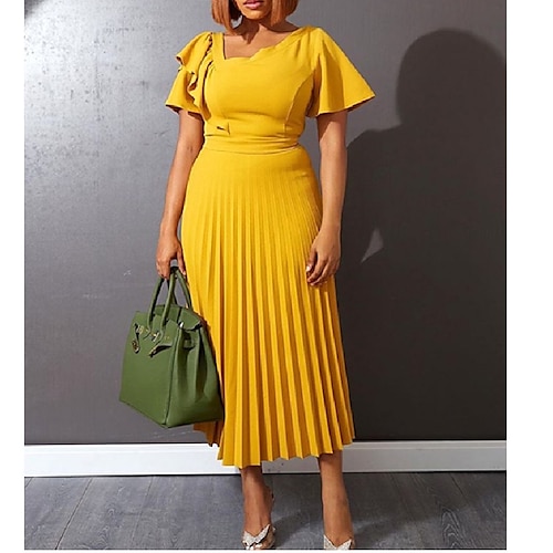 

A-Line Minimalist Elegant Wedding Guest Dress V Neck Short Sleeve Tea Length Polyester with Pleats Ruffles 2022