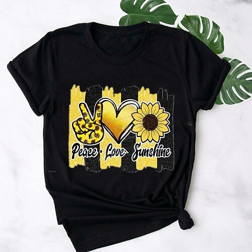 

Women's T shirt Tee Pink Gray White Heart Sunflower Print Short Sleeve Casual Weekend Basic Round Neck Regular 100% Cotton Floral Painting Couple S