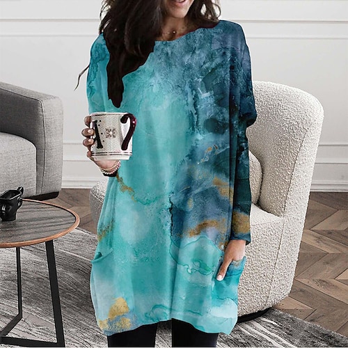 

Women's Shift Dress Short Mini Dress Blue Long Sleeve Color Gradient Pocket Print Spring Summer Round Neck Casual 2022 XS S M L XL XXL 3XL 4XL 5XL 6XL