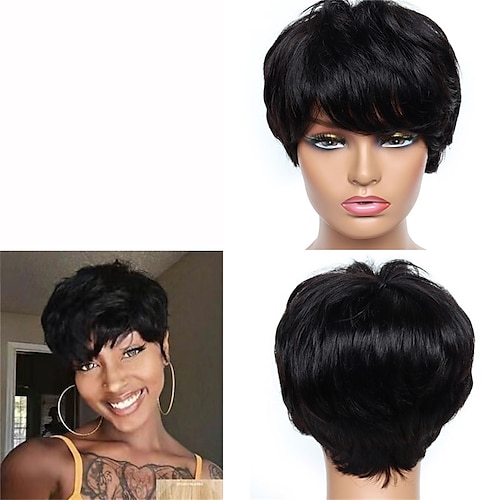 Human Hair Wig Short Natural Wave With Bangs Black Burgundy Dark