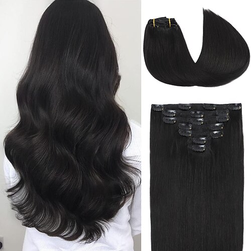 

Clip in Hair Extensions Real Human Hair Natural Black #1B Color Straight Hair Extensions Clip in Human Hair Natural Hair for Women 18 Inch 7pcs 120g