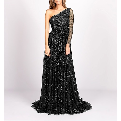 

A-Line Evening Dresses Glittering Dress Wedding Guest Sweep / Brush Train Long Sleeve One Shoulder Tulle Backless with Sash / Ribbon Sequin 2022 / Formal Evening / Sparkle & Shine