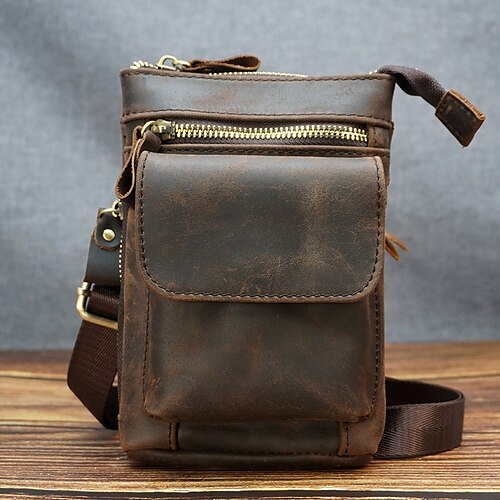 

Men's Mobile Phone Bag Nappa Leather Cowhide Zipper Solid Color Daily Going out Brown Coffee