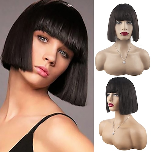 

Black Wig With Bangs Short Bob Black Wigs with Bangs 10 inch Straight Synthetic Brazlian Straight Hair Heat Resistant Full Machine Made Bob Wig Cosplay Hair Wig for Black Women ChristmasPartyWigs