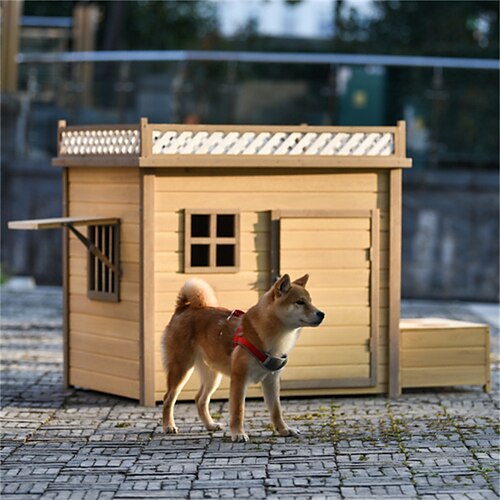 

39.4 Wooden Dog House Puppy Shelter Kennel Outdoor & Indoor Dog Crate With Flower Stand Plant Stand With Wood Feeder
