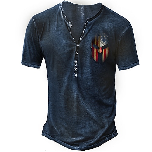 

Herren T Shirt Henley Shirt Tee Graphic Maske Henley Blau 3D-Druck Übergröße Outdoor Casual Kurzarm Button-Down Bedruckt Bekleidung Designer Casual Retro Militär / Sommer / Sommer