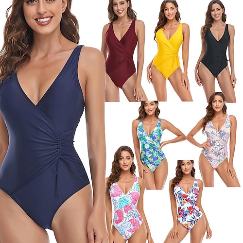 

Women's One Piece Swimsuit Shirred Bodysuit Bathing Suit Solid Color Swimwear Navy WhitePink Breathable Quick Dry Lightweight Sleeveless - Swimming Surfing Beach Summer / Stretchy