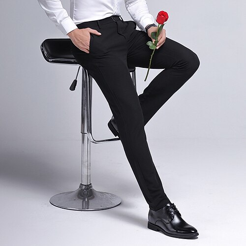 

Men's Dress Pants Full Length Micro-elastic Regular Fit Solid Color Blue Gray Black 2022 / Pocket