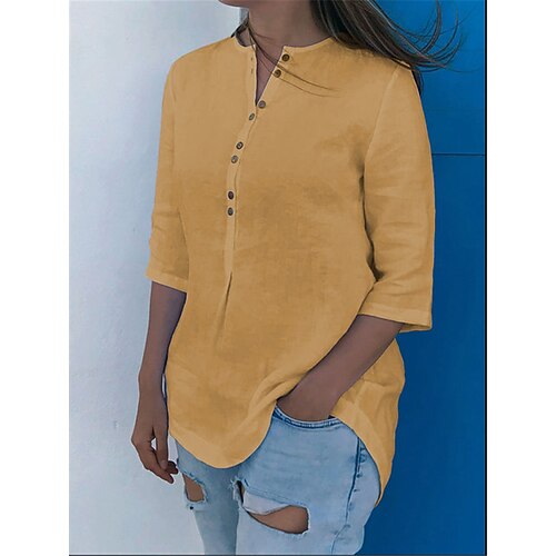 

Women's Blouse Shirt Yellow Red Plain Button 3/4 Length Sleeve Daily Weekend Streetwear Casual V Neck Regular S
