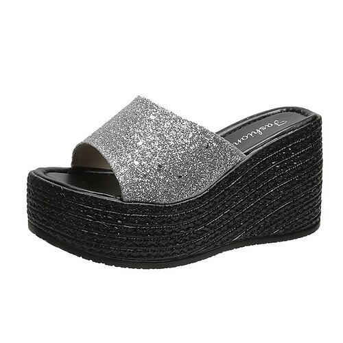 

Women's Slippers Daily Wedge Heels Plus Size Outdoor Slippers Summer Sequin Wedge Heel Open Toe Casual Glitter Loafer Solid Colored Black Gray Silver