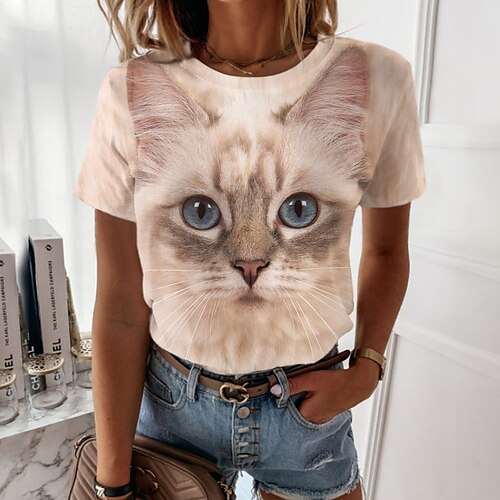 

Women's T shirt Tee Beige Cat 3D Print Short Sleeve Casual Holiday Basic Round Neck Regular 3D Cat Painting S
