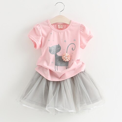 

2 Pieces Kids Girls' T-shirt & Skirt Clothing Set Outfit Cartoon Cat Short Sleeve Mesh Cotton Set Outdoor Cute Sweet Spring Summer 2-6 Years Pink White
