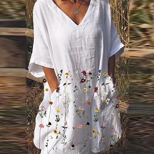 

Women's Casual Dress Shift Dress Midi Dress Pink Light Blue White Half Sleeve Floral Pocket Fall Spring Autumn V Neck Weekend Loose Fit 2022 S M L XL XXL