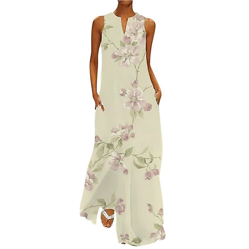 

Women's Shift Dress Long Dress Maxi Dress Green Light Green Khaki Sleeveless Floral Pocket Spring Summer V Neck Weekend 2022 S M L XL XXL 3XL