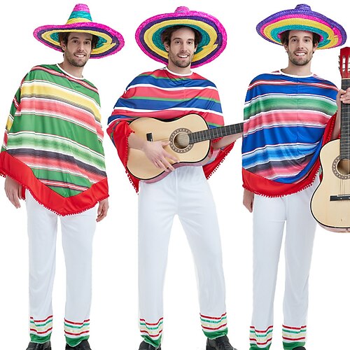 

Meksikansk Maskerade Serape Poncho-kostyme Voksne Herre Cosplay Cinco de Mayo Mexicos uavhengighetsdag De dødes dag Karneval Maskerade Festival / høytid polyester Grønn / Rød / Blå Herre Lett / Sjal