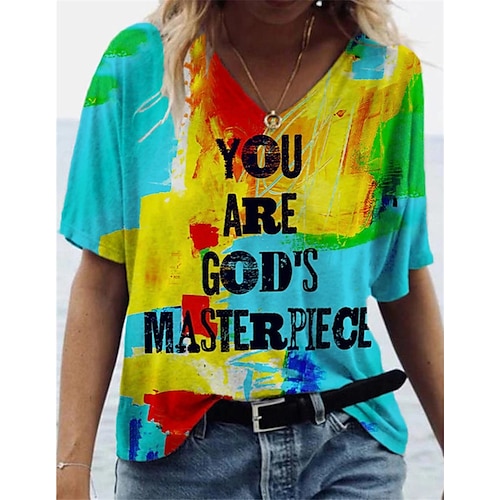 

Mujer Camiseta Amarillo Rojo Azul Piscina Tie-dye Texto Estampado Manga Corta Casual Fin de semana Básico Escote en Pico Regular Abstracto Pintura S