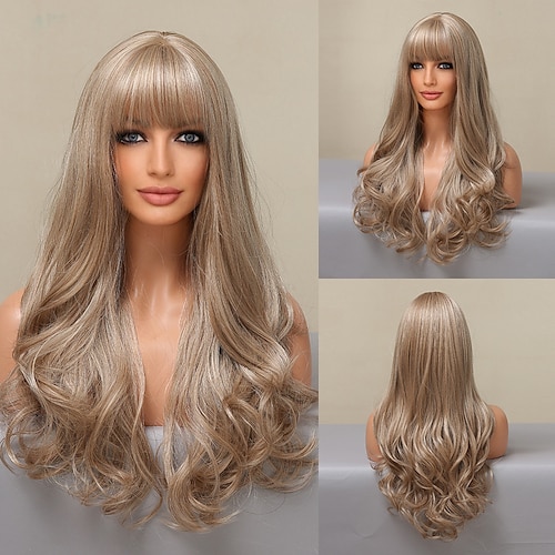 

ombre brun champagne blond highlight langt løst bølget syntetisk hår parykker med bang varmebestandigt falsk hår til kvinder