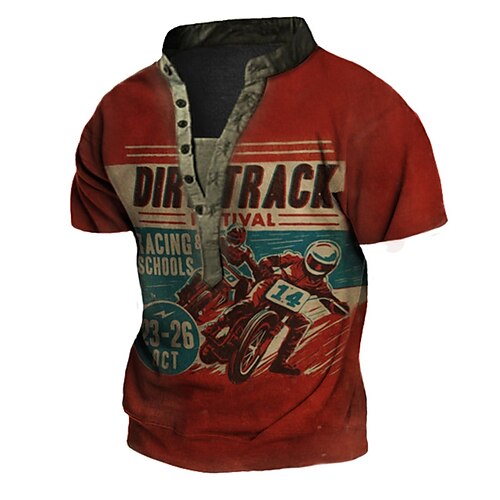 

Men's T shirt Tee Henley Shirt Tee Graphic Motorcycle Henley Red 3D Print Outdoor Casual Short Sleeve Button-Down Print Clothing Apparel Vintage Sports Fashion Retro / Summer / Summer