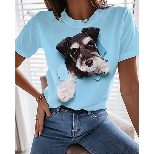 

Damen T Shirt Weiß Rosa Blau Hund 3D Bedruckt Kurzarm Casual Wochenende Basic Rundhalsausschnitt Standard 3D Farbe S