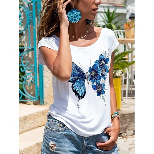 

Women's T shirt Tee White Butterfly Print Short Sleeve Daily Basic Round Neck Regular Loose Fit Butterfly S / 3D Print