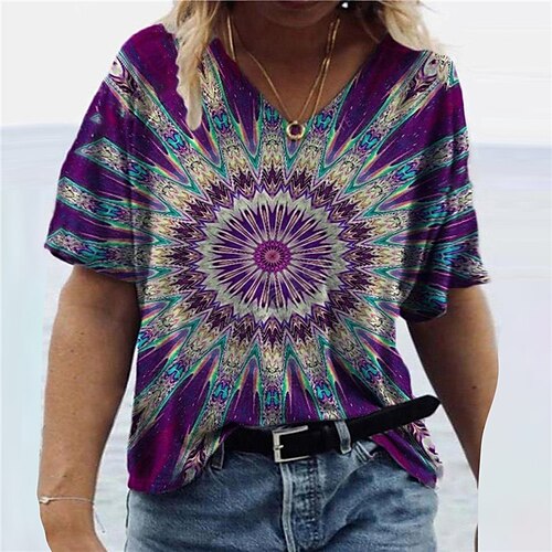 

Women's Plus Size Curve Tops T shirt Tee Color Block Tie Dye Print Short Sleeve V Neck Streetwear Preppy Daily Going out Polyester Spring Summer Blue Purple