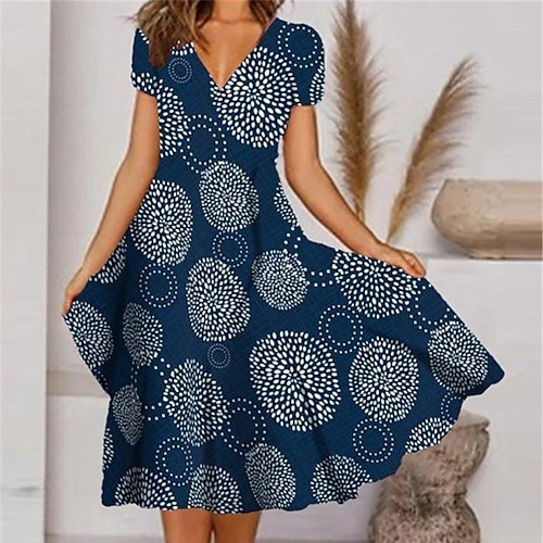 

Women's Swing Dress Blue Short Sleeve Floral Print Spring Summer V Neck Loose Fit 2022 S M L XL XXL 3XL