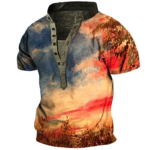 

Men's T shirt Tee Henley Shirt Tee Graphic Landscape Rendering Henley Orange 3D Print Outdoor Casual Short Sleeve Button-Down Print Clothing Apparel Vintage Sports Fashion Retro / Summer / Summer