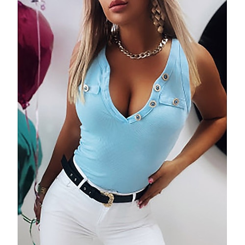 

Women's Tank Top Vest Blue Pink White Plain Button Sleeveless Daily Weekend Streetwear Casual V Neck Regular Slim S
