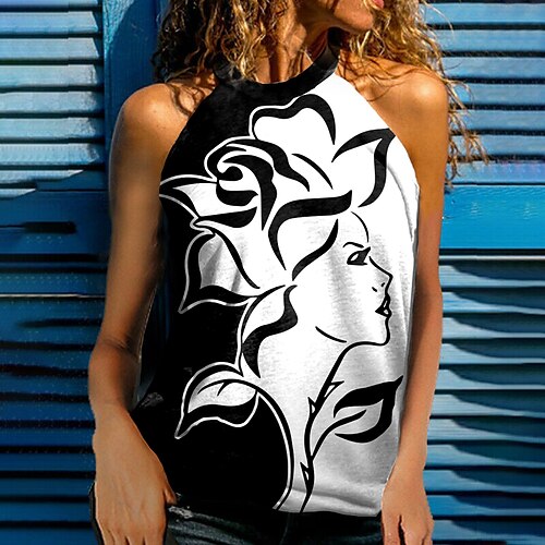 

Women's Tank Top Camis White Abstract Portrait Print Sleeveless Daily Weekend Streetwear Casual Halter Neck Regular Portrait S / 3D Print