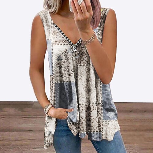 

Women's Tank Top Vest Green Blue Brown Graphic Flowing tunic Quarter Zip Sleeveless Daily Weekend Streetwear Casual V Neck Regular S / 3D Print / Print