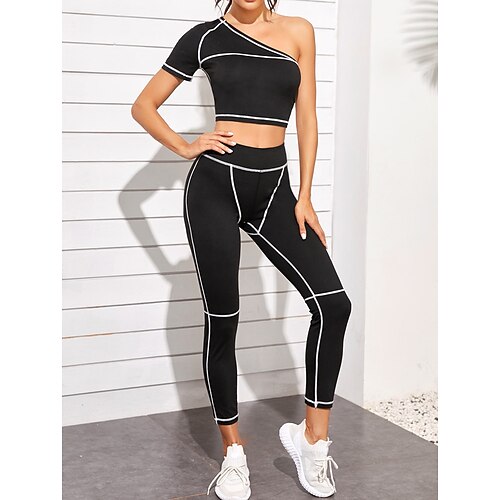 

Women's Tracksuit Activewear Set Workout Outfits Yoga Suit Seamless Cropped Boat Neck Stripes Solid Color Sport Athleisure Clothing Suit Short Sleeve Tummy Control Butt Lift Yoga Fitness Gym Workout
