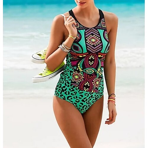 

Women's Swimwear One Piece Monokini Bathing Suits Normal Swimsuit Tummy Control High Waisted Print Leopard Green Padded Strap Bathing Suits Sports Vacation Sexy / Geometic / New