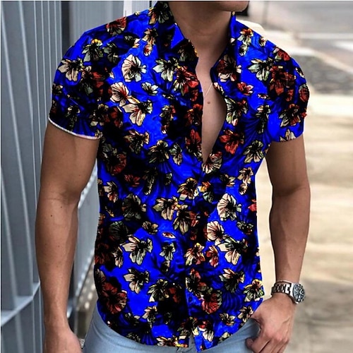 

Homme Chemise Floral Col Classique Bleu Casual Manches Courtes Imprimer Vêtement Tenue Confortable