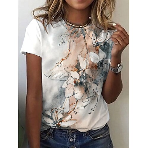 

Women's T shirt Tee White Floral Plants Short Sleeve Casual Daily Basic Round Neck Regular Floral S / 3D Print