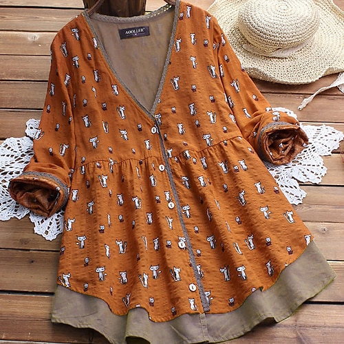

Women's Plus Size Tops Blouse Shirt Graphic Layered Print Long Sleeve V Neck Streetwear Casual Daily Sports Cotton Fall Spring Orange Navy Blue