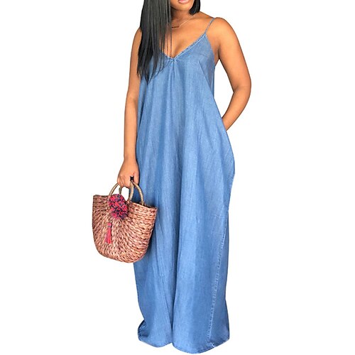 

Women's Plus Size Curve Denim Dress Solid Color V Neck Sleeveless Spring Summer Basic Casual Maxi long Dress Causal Daily Dress