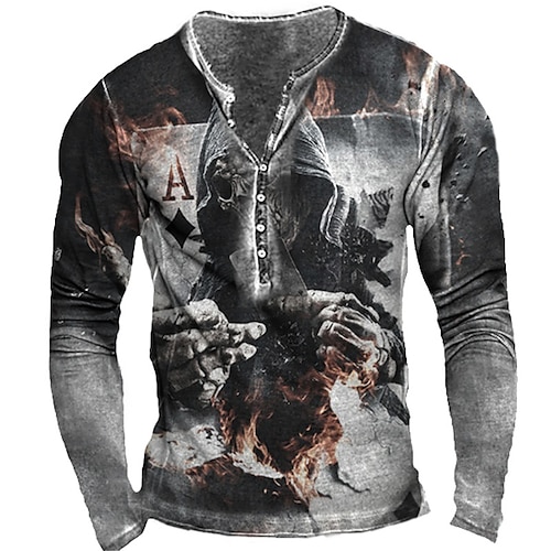 

Men's T shirt Tee Henley Shirt Tee Graphic Skull Poker Henley Gray 3D Print Plus Size Outdoor Casual Long Sleeve Button-Down Print Clothing Apparel Designer Casual Retro Military