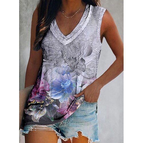 

Women's Tank Top Vest Gray Floral Print Sleeveless Daily Holiday Streetwear Casual V Neck Regular Floral S / 3D Print