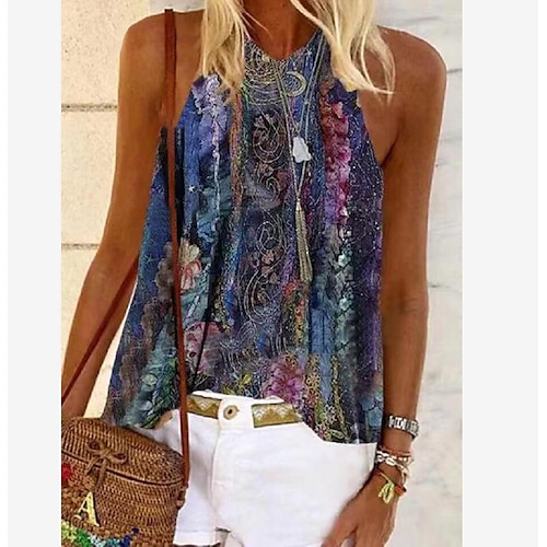

Women's Camisole Tank Top Vest Green Blue Purple Flower Print Sleeveless Daily Beach Boho Streetwear Halter Neck Regular Loose Fit S