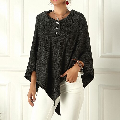 

Women's Cloak Capes Knitted Button Pure Color Stylish Elegant Soft 3/4 Length Sleeve Sweater Cardigans Shirt Collar Spring Summer Black