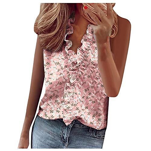 

TOTOD Tops for Women Cute Print V Neck Ruffle Sleeveless T Shirt Ladies Summer Fashion Tank Shirts (Pink,XXL)