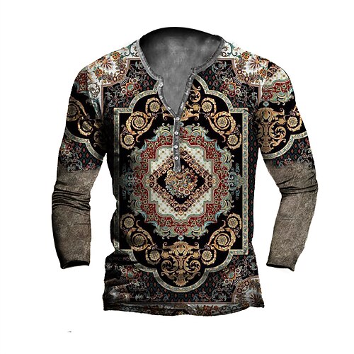 

Men's T shirt Tee Henley Shirt Graphic Tribal Henley Light Brown Red Brown 3D Print Outdoor Casual Long Sleeve Button-Down Print Clothing Apparel Vintage Designer Casual Classic