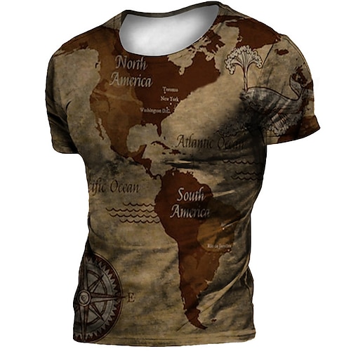 

Men's Unisex T shirt 3D Print Map Graphic Prints Crew Neck Street Daily Print Short Sleeve Tops Casual Vintage Designer Big and Tall Brown