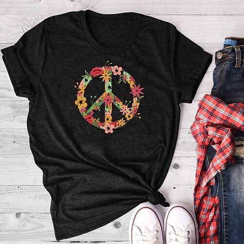 

Women's T shirt Tee Pink Gray White Floral Peace & Love Print Short Sleeve Casual Weekend Basic Round Neck Regular Painting S