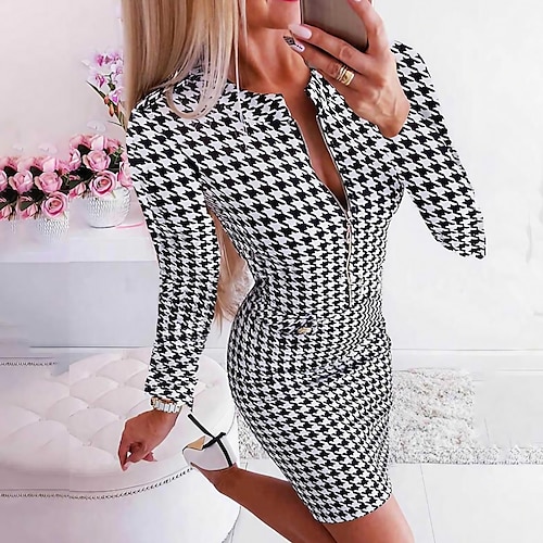 

Women's Casual Dress Sheath Dress Mini Dress Black Long Sleeve Houndstooth Zipper Fall Spring Autumn V Neck Fashion Winter Dress Daily Fall Dress Slim S M L XL