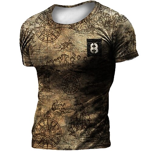 

Men's Unisex T shirt 3D Print Map Graphic Prints Crew Neck Street Daily Print Short Sleeve Tops Casual Vintage Designer Big and Tall Brown