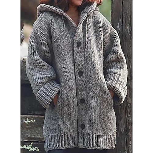 

Women's Cardigan Knitted Button Solid Colored Solid Color Basic Casual Soft Long Sleeve Loose Sweater Cardigans Hooded Open Front Fall Winter Blue Black Gray / Daily / Coat