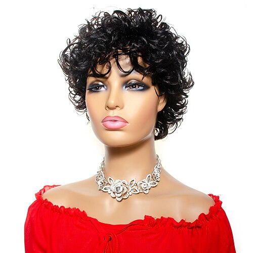 

Short Pixie Cut Human Hair Wigs With Bangs Brazilian Curly Remy Hair Wigs for Black Women Full Machine Made Cheap Glueless Wig Capless Human Hair Wig Natural Black