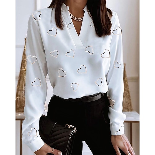 

Mujer Camisa Blusa Plata Negro Blanco Floral Corazón Estampado Manga Larga Casual Diario Ropa de calle Elegante Casual Escote en Pico Regular Flor S