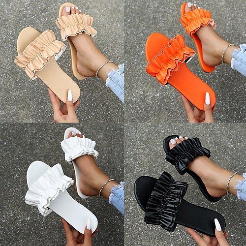 

Women's Slippers Daily Plus Size Outdoor Slippers Summer Flat Heel Round Toe Minimalism PU Leather Solid Colored Almond Black Orange